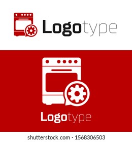 Red Oven and gear icon isolated on white background. Adjusting app, service concept, setting options, maintenance, repair, fixing. Logo design template element. Vector Illustration