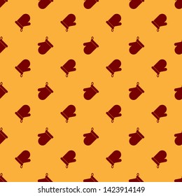Red Oven glove icon isolated seamless pattern on brown background. Kitchen potholder sign. Cooking glove. Vector Illustration