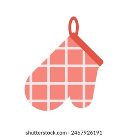 red oven mitt isolated on white background, flat oven glove with square pattern, cartoon kitchenware vector illustration