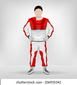 red overall standing racer hands on waist vector illustration