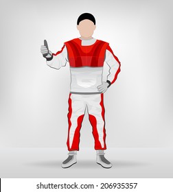 red overall standing succesful racer with thumb up vector illustration