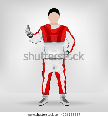 red overall standing succesful racer with thumb up vector illustration