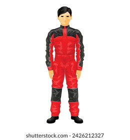 Red overalls racer icon cartoon vector. Work costume figure. Expert side