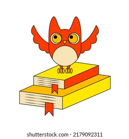 Red Owl with Books Isolated Element on White Background Knowledge Symbol