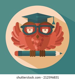 Red owl in graduation cap holding pencil flat vector illustration