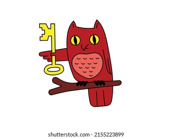 Red owl holds the golden key with its wing.	