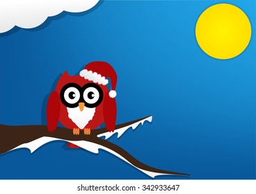 Red owl on maple tree with wearing a red santa claus hat in night with moon on blue background. Vector illustration design Christmas holiday background concept.