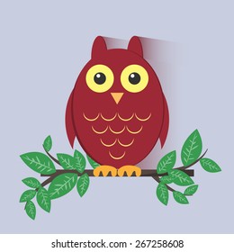 Red Owl sitting on a branch. Vector Illustration.