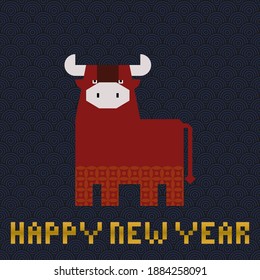 Red Ox for 2021 Chinese New Year Zodiac and Year of The OX on Blue Vintage Wave Background.