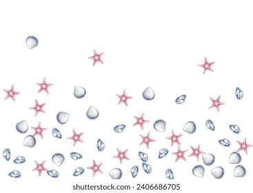 Red Oyster Background White Vector. Starfish Decoration Set. Sketch Illustration. Orange Scallop Aquatic Pattern.