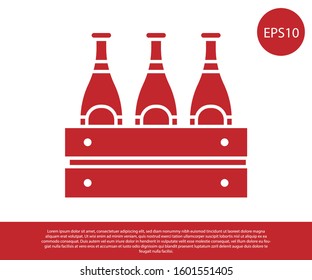 Red Pack of beer bottles icon isolated on white background. Wooden box and beer bottles. Case crate beer box sign.  Vector Illustration