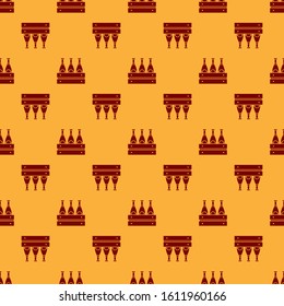 Red Pack of beer bottles icon isolated seamless pattern on brown background. Wooden box and beer bottles. Case crate beer box sign.  Vector Illustration
