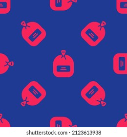 Red Pack full of seeds of a specific plant icon isolated seamless pattern on blue background.  Vector