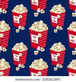 Red pack popcorn for cinema or movie, circus, Luna Park. Box with popcorn. Seamless pattern for textile, wrapping paper, background.