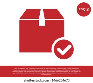 Red Package box with check mark icon isolated on white background. Parcel box with checkmark. Approved delivery or successful package receipt.  Vector Illustration