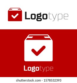 Red Package Box With Check Mark Icon Isolated On White Background. Parcel Box With Checkmark. Approved Delivery Or Successful Package Receipt. Logo Design Template Element. Vector Illustration