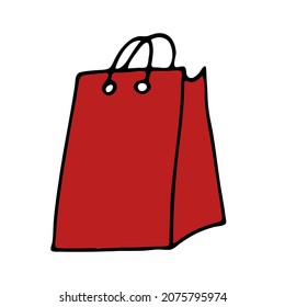Red package. Doodle style. A package with handles for shopping and gift. Vector image for greetings, postcards, letters.