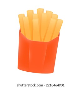 Red package with French fries 3D icon. Delicious potato snack for lunch break 3D vector illustration on white background. Diet, fast or junk food, nutrition, health concept