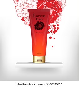 Red packaging cosmetics, mock-up. Plastic Container. Package cream, Beauty products. Vector