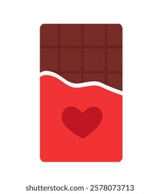 Red packaging whole chocolate bar with heart. Sweet Valentine day. Vector flat illustration.