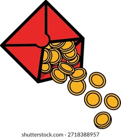 Paquete rojo con monedas de Ilustración vectorial para el regalo de dinero de la suerte, la tradición hongbao y la donación de riquezas.