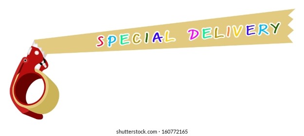 A Red Packing Tape Dispenser or Adhesive Tape Dispenser For Closing Cardboard Boxes Sealing with Word "Special Delivery", Isolated on White Background. 