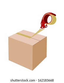 A Red Packing Tape Dispenser or Adhesive Tape Dispenser Closing A Brown Cardboard Box Isolated on White Background. 