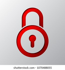 Red padlock from cut paper with shadow. Vector illustration. Abstract padlock cut from paper
