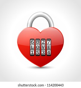 red padlock -  heart with combination lock, with text LOVE, vector illustration, eps 10