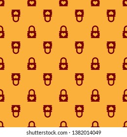 Red Padlock with heart icon isolated seamless pattern on brown background. Locked Heart. Love symbol and keyhole sign. Vector Illustration