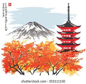 Red Pagoda and Mt Fuji in autumn. 