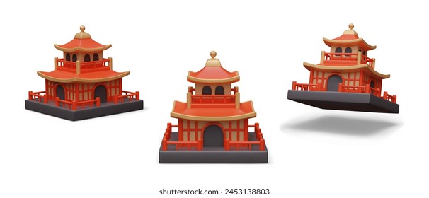 Red pagoda in realistic style. Chinese tower with decorative elements