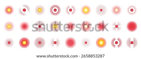 Red pain circle icon with wave effect for muscle ache or headache, designed with concentric rings and dots to show body damage or chronic nerve pain. Vector