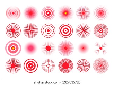 Red pain circle. Painful target mark, pain area circles and sore throat therapy remedy. Medicine painful spot or inflammatory point. Healthe isolated vector symbols set