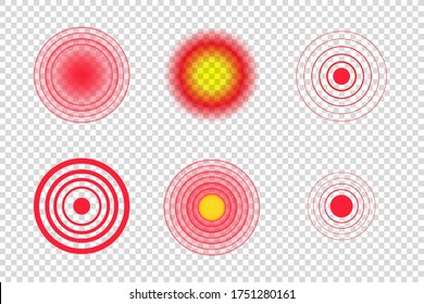 Red Pain Circle Spot Vector Illustration. Medical Target Point Icon. Body, Muscle, Concentric, Stomach, Radial, Muscular, Bone, Cancer, Hurt, Leg, Head, Nerve, Neck, Throat.