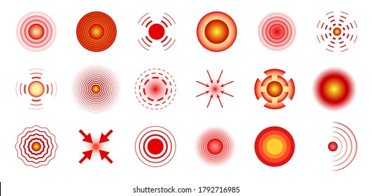 Red pain circles. Local pains concept, abstract symbol of human part ache, red and yellow hurt localization marker design element for painkiller pills advertisement vector isolated set
