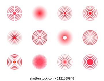 Red pain circles. Pain localization sign and  pointings. Circles for marking human pain. Set of radar icons. Headache, toothache, marker of an injured body part, muscle pain in joints. Vector