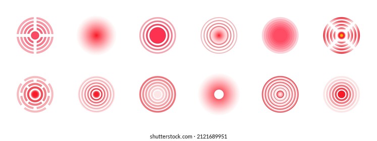 Red pain circles. Pain localization sign and  pointings. Circles for marking human pain. Set of radar icons. Headache, toothache, marker of an injured body part, muscle pain in joints. Vector