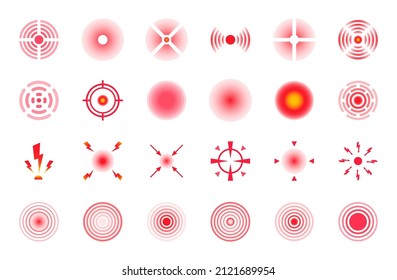 Red pain circles. Pain localization sign and  pointings. Circles for marking human pain. Set of radar icons. Headache, toothache, marker of an injured body part, muscle pain in joints. Vector