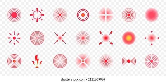 Red pain circles. Pain localization sign and  pointings. Circles for marking human pain. Set of radar icons. Headache, toothache, marker of an injured body part, muscle pain in joints. Vector