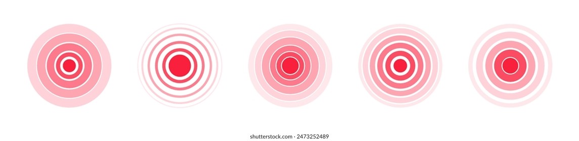 Círculos rojos del dolor. Signo de localización del dolor y señales de dolor. Círculos para marcar el dolor humano. Marcador de lesión