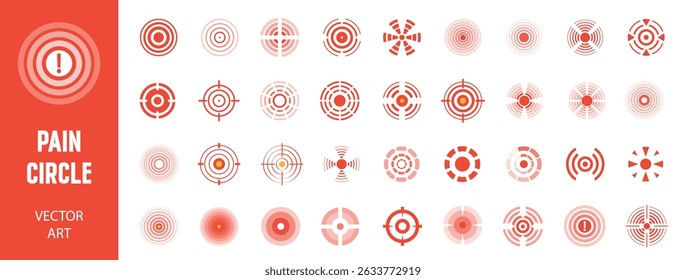 Círculos de dolor rojo. Icono de conjunto de signos y puntos de localización de dolor