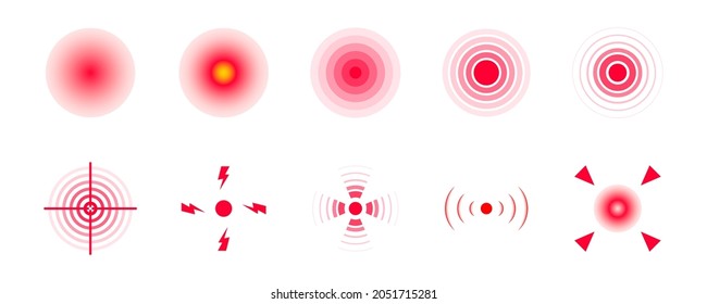 Red pain circles. Circles for marking human pain. Head toothache muscular menstrual joint pain, hurt body part marker. Painful target spot mark vector set. Targeting medication medical information