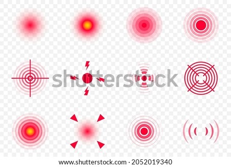 Red pain circles. Circles for marking human pain. Head toothache muscular menstrual joint pain, hurt body part marker. Painful target spot mark vector set. Targeting medication medical information ストックフォト © 