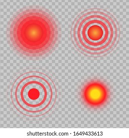 Red painful target marks set isolated on transparent background. Circles of pain showing ache localization