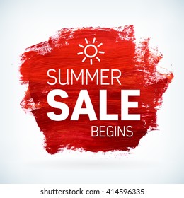 Red paint artistic dry brush stroke with business text. Watercolor acrylic summer sale begins background for print, web design and banners. Realistic vector texture.