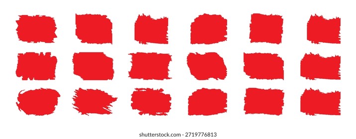  Pintura roja, trazos de pincel en negrita, líneas gruesas grunge dibujadas a mano y Formas rectangulares. Destacados dibujados a mano con bordes ásperos para la decoración del texto. ilustrador de Vector.