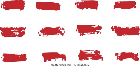 Red paint brush stroke collection with rough textured edges on white background. Abstract grunge brush marks create artistic highlights and banners. Ideal for design, branding, and creative layouts. 