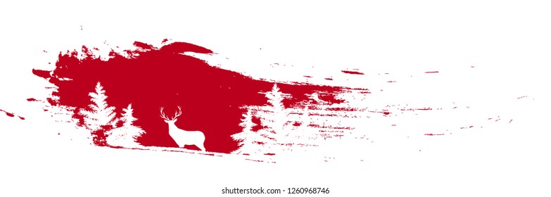 red paint brush stroke, deer and pine trees on it, vector winter forest artistic illustration