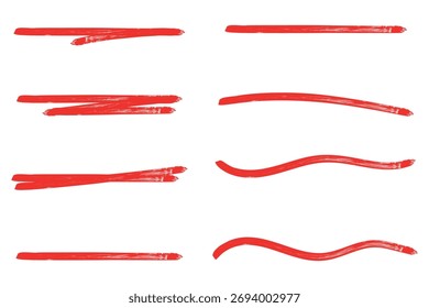 Red paint brush stroke lines and wave shapes collection. Hand drawn bold grunge borders with rough edges and textured ink effect.